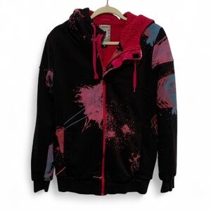 Y2K DC Shoes Black Paint Splatter Fleece Lined Zip Up Hoodie Size Large